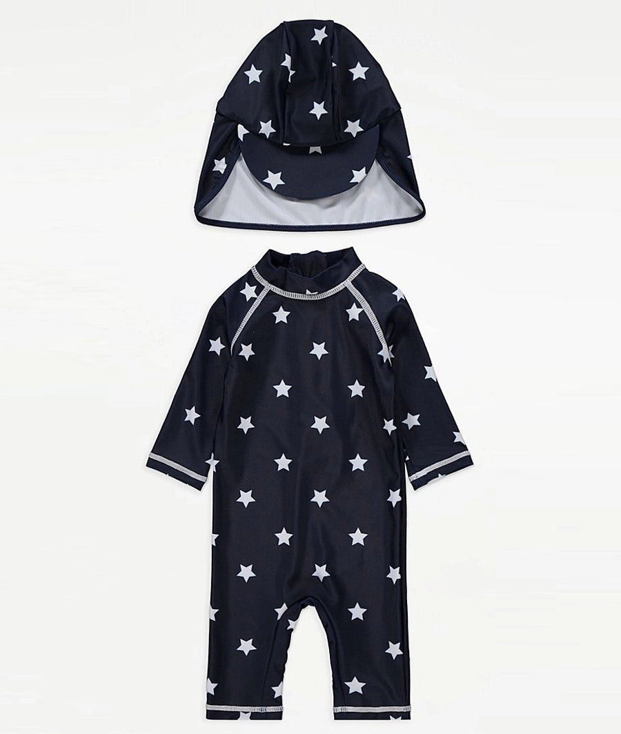 Navy Star Print All In One Sunsafe Swimsuit and Keppi Hat