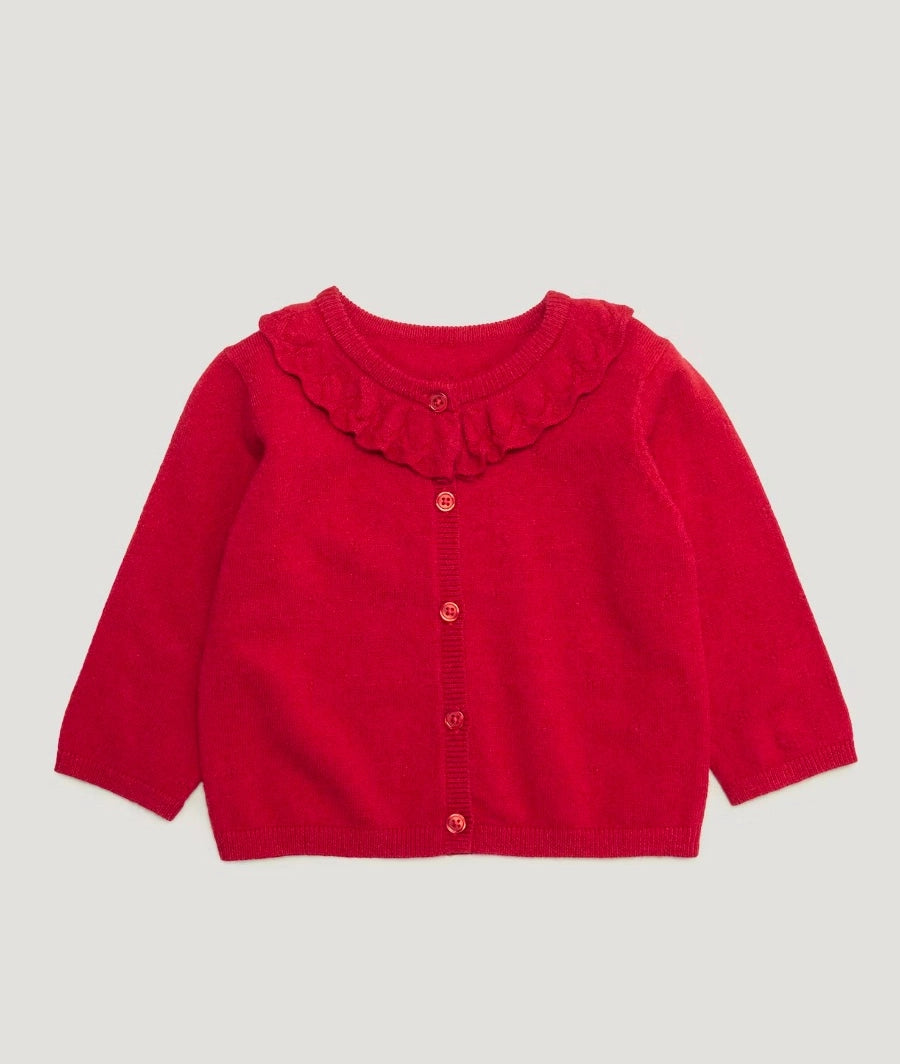 Girls Red Frill Collar Pointelle Cardigan