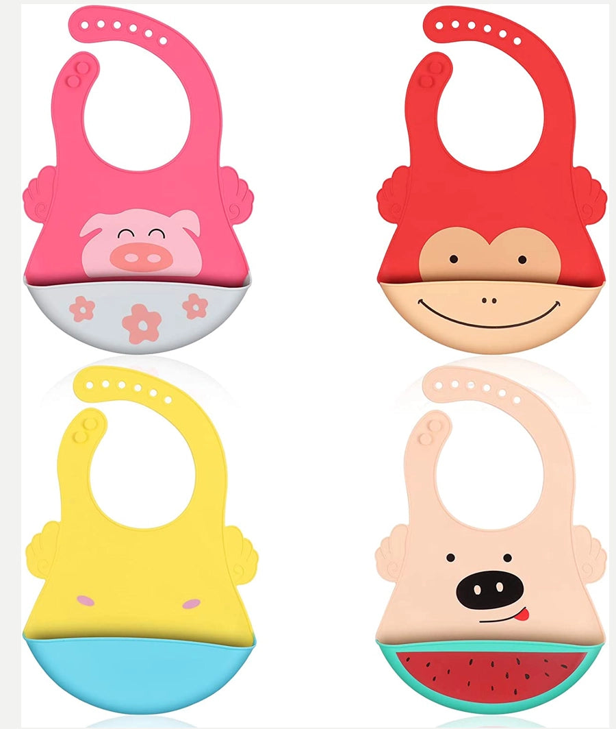 4 Pack Silicone Bibs for Babies, Waterproof Soft Baby Bibs with Roll Up Food Catcher
