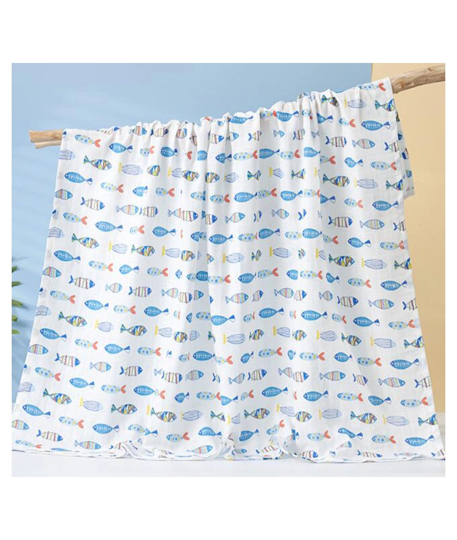 Large 120 x 110 cm Cotton Muslin Baby Swaddle Wrap Blanket (various designs) - Colourful Fish