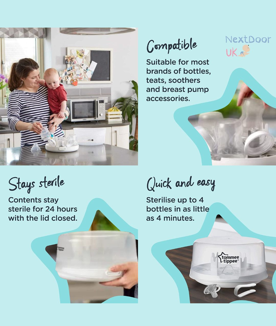 Tommee Tippee Steriliser, Microwave Steam Steriliser for Baby Bottles, 4-Minute Sterilisation Cycle – Image 2