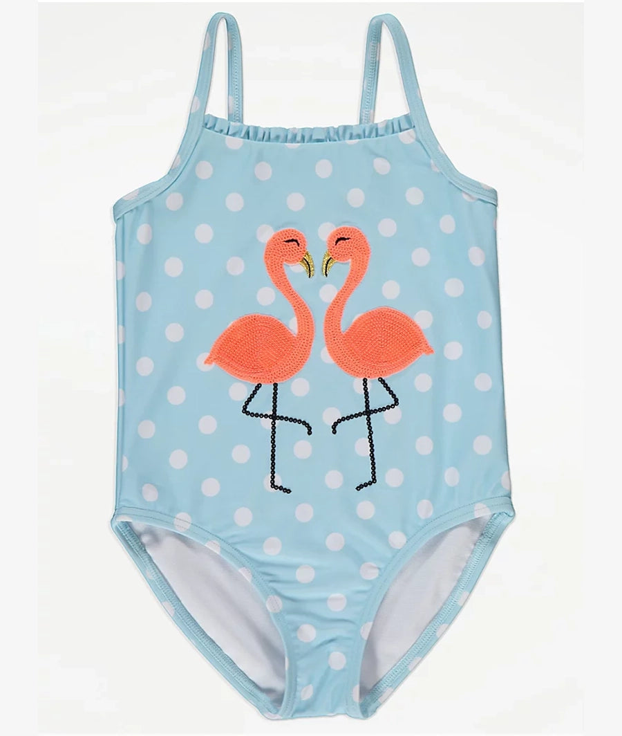 Blue Polka Dot Sequin Flamingo Swimsuit