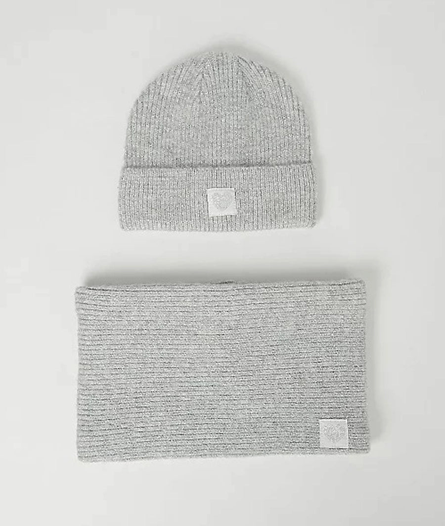 Grey Rib Knit Beanie Hat and Snood, one size