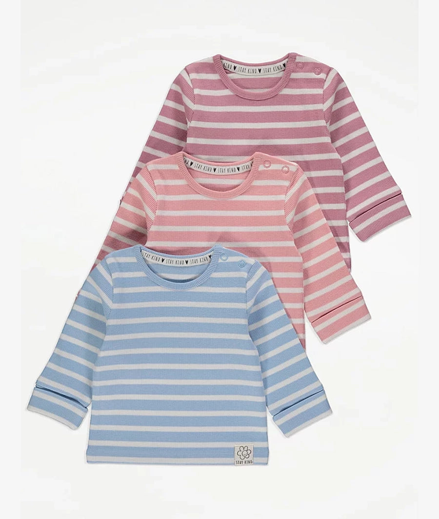 Striped Ribbed Long Sleeve Tops 3 Pack
