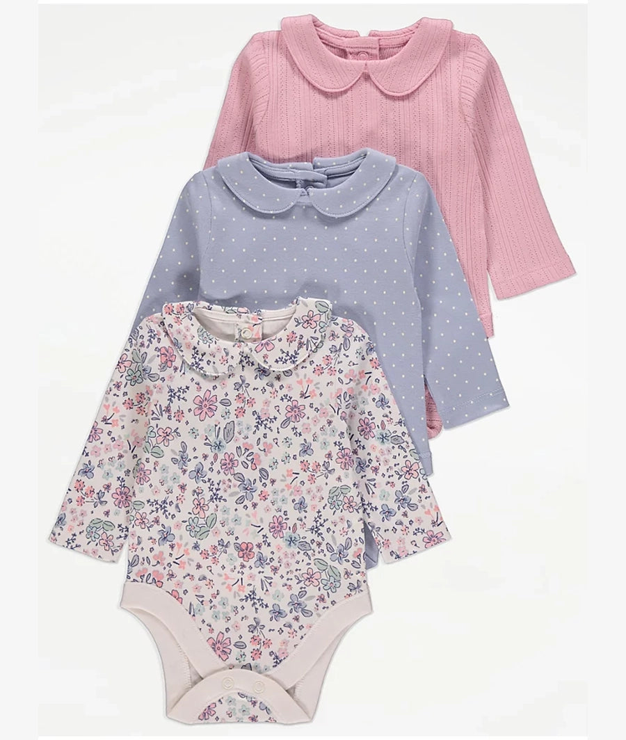 Collared Long Sleeve Bodysuits 3 Pack
