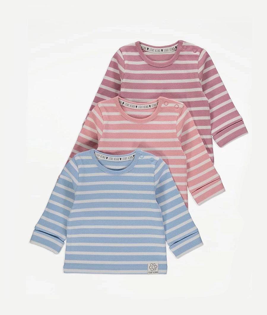 Striped Ribbed Long Sleeve Tops 3 Pack