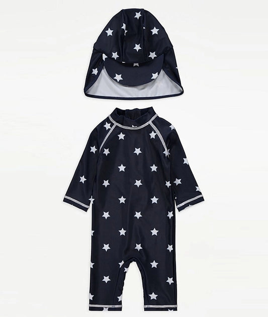 Navy Star Print All In One Sunsafe Swimsuit and Keppi Hat