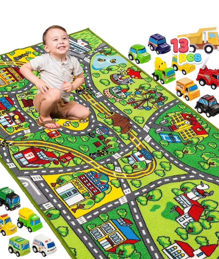 Carpet Playmat with12 Cars Pull-Back Vehicle Set for Kids Age 3+
