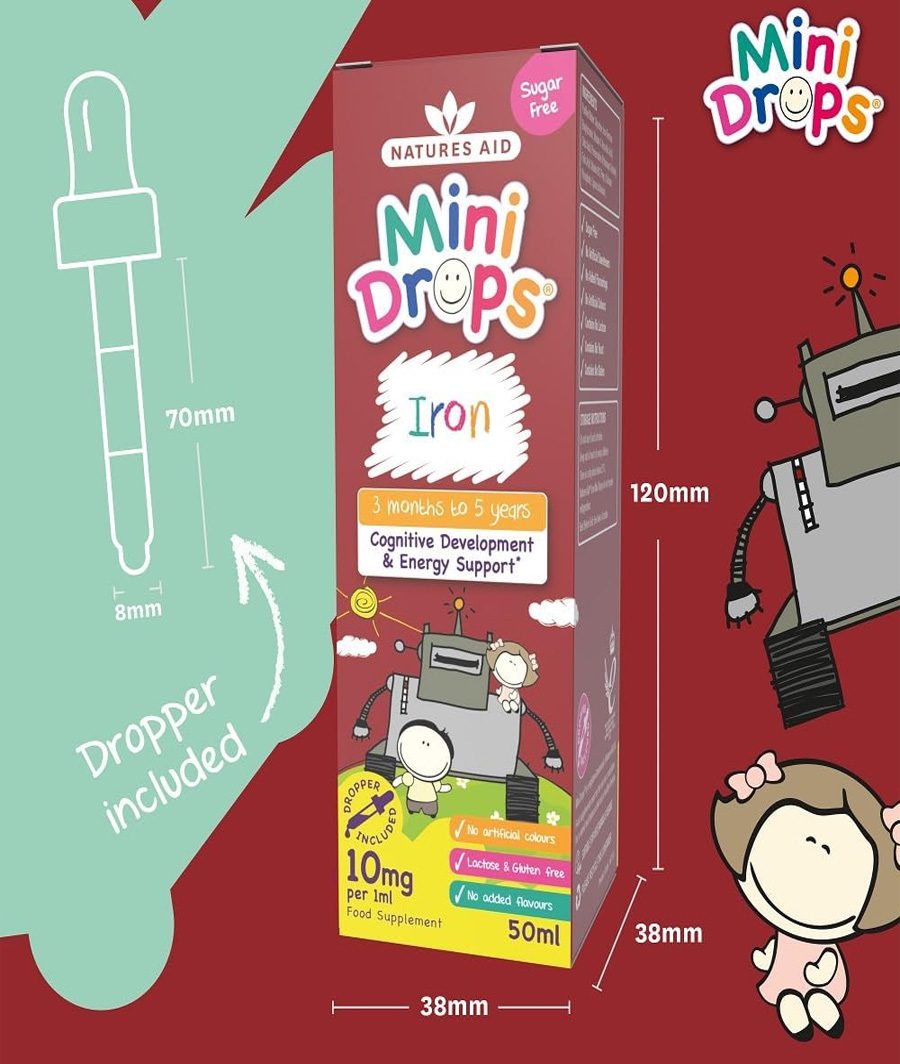 Natures Aid Iron Mini Drops for Infants and Children, Cognitive Development, Sugar Free, 50 ml – Image 3
