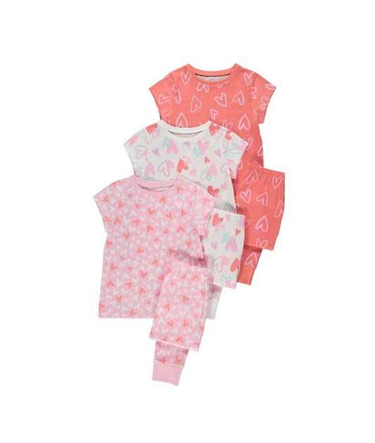Pink Heart Print Short Sleeve Pyjamas 3 Pack