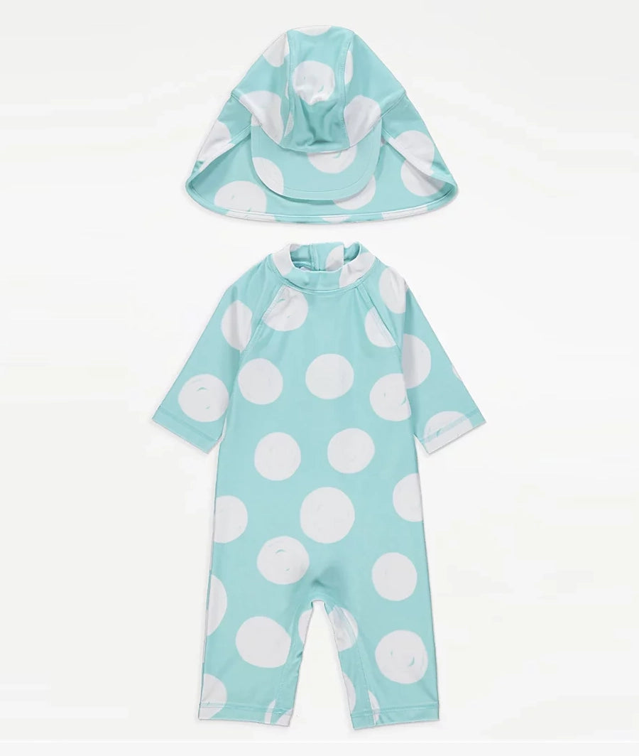 Light Blue Spot Sunsafe Swimsuit and Keppi Hat