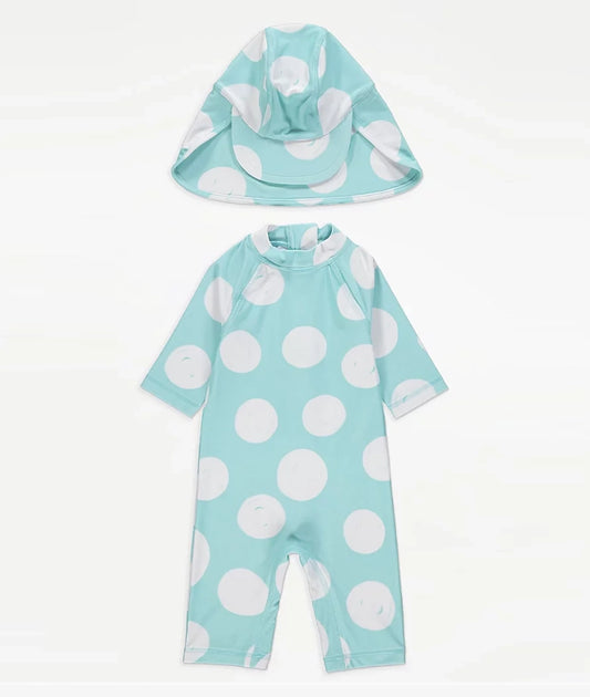 Light Blue Spot Sunsafe Swimsuit and Keppi Hat