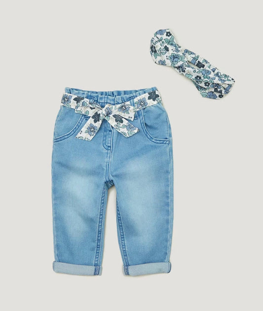 Girls Blue Belted Paperbag Jeans & Headband Set