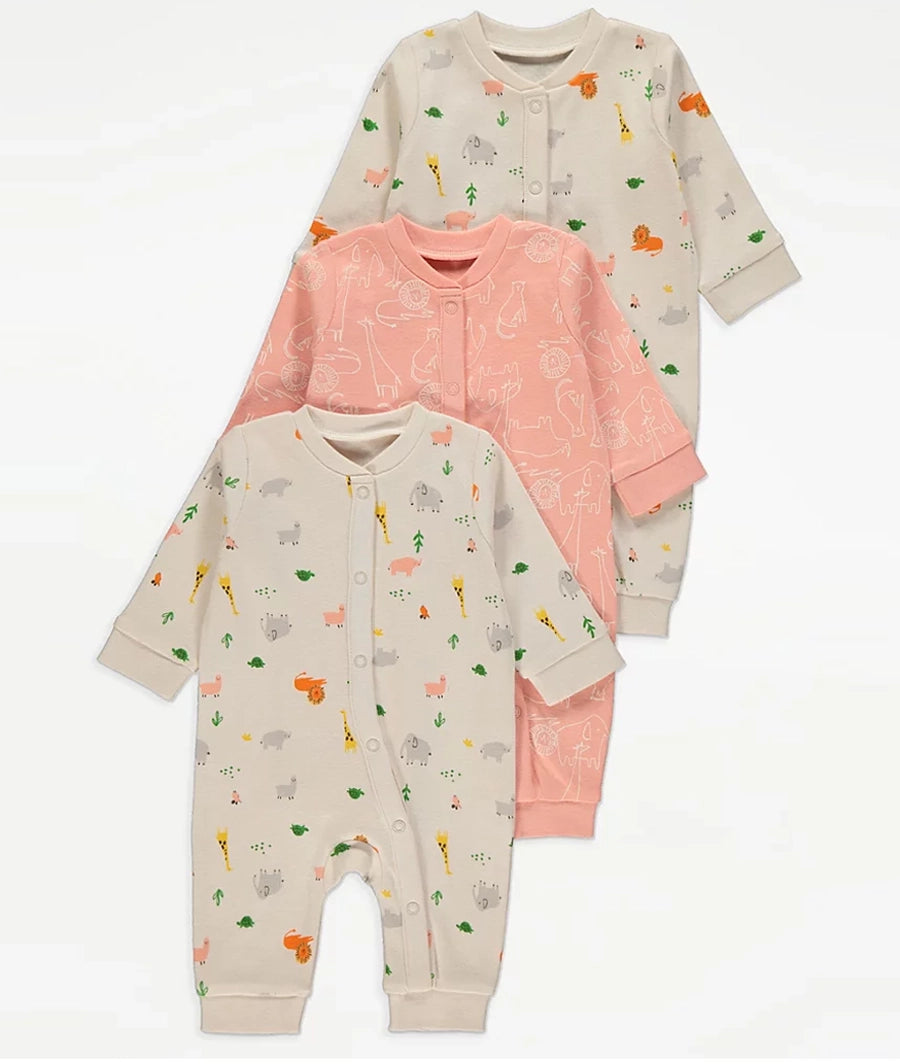 Safari Animal Long Sleeve Sleepsuits 3 Pack