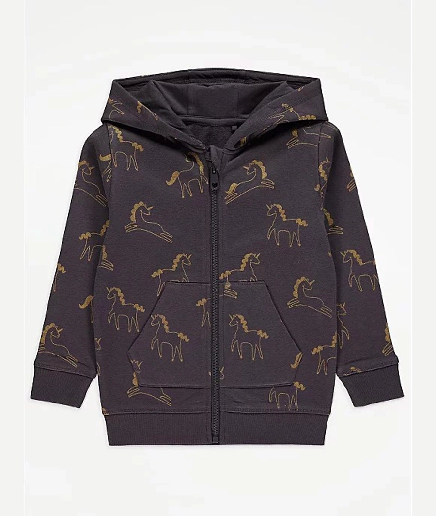 Grey Unicorn Print Zip Up Hoodie