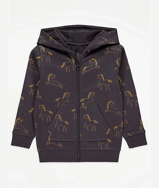Grey Unicorn Print Zip Up Hoodie