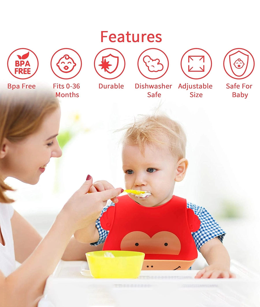 4 Pack Silicone Bibs for Babies, Waterproof Soft Baby Bibs with Roll Up Food Catcher – Image 3