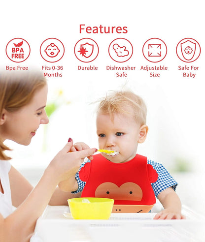 4 Pack Silicone Bibs for Babies, Waterproof Soft Baby Bibs with Roll Up Food Catcher – Image 3