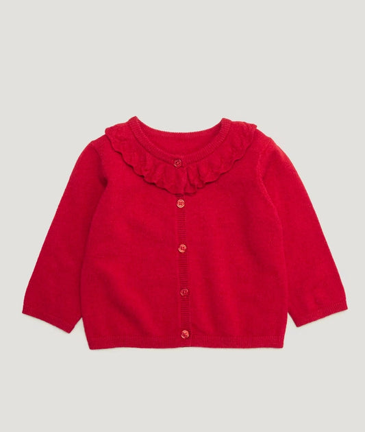 Girls Red Frill Collar Pointelle Cardigan