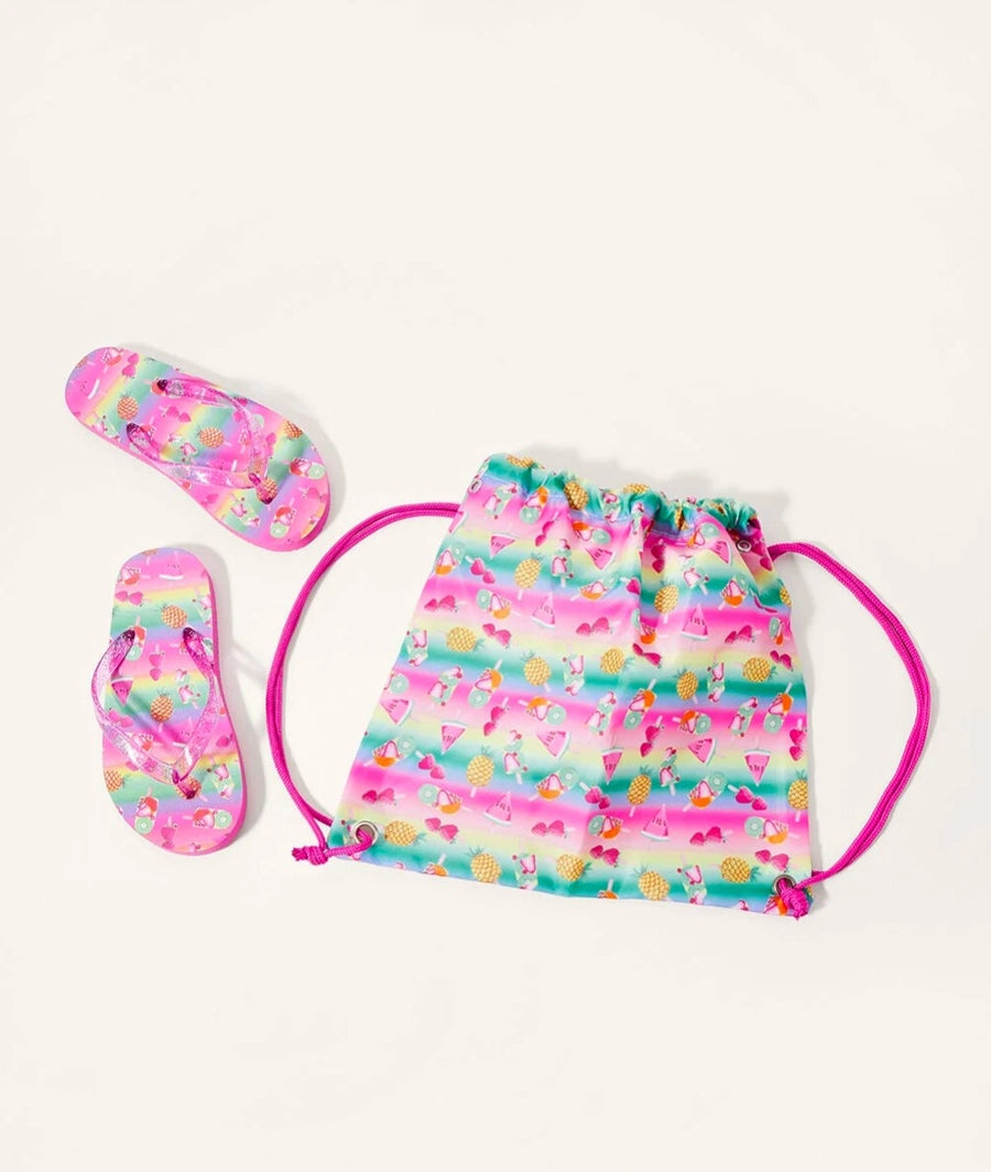 Fruity print flip flop and bag set multi