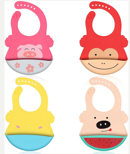 4 Pack Silicone Bibs for Babies, Waterproof Soft Baby Bibs with Roll Up Food Catcher