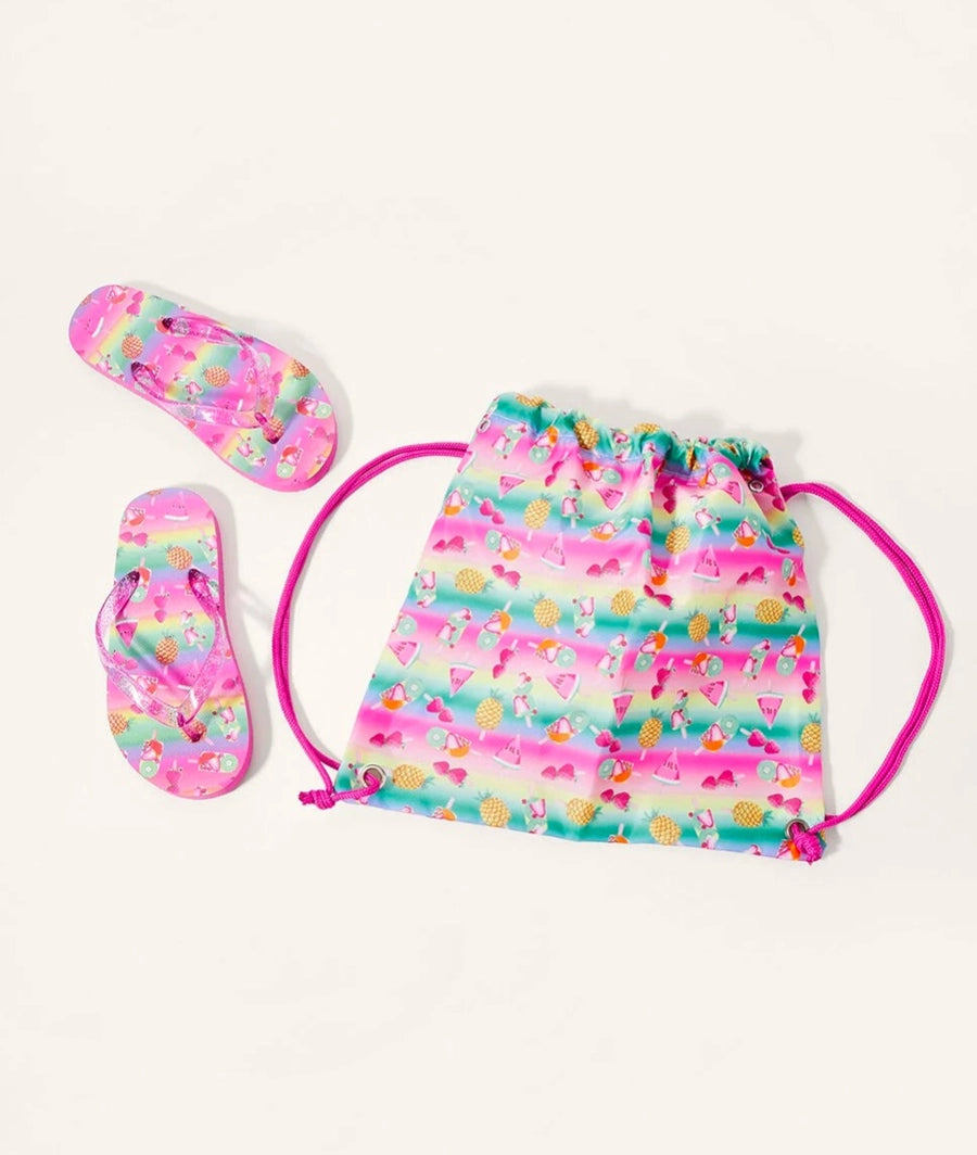Fruity print flip flop and bag set multi