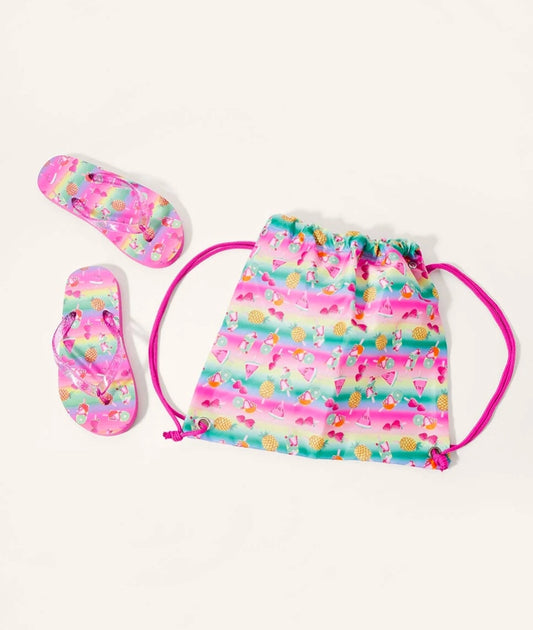 Fruity print flip flop and bag set multi