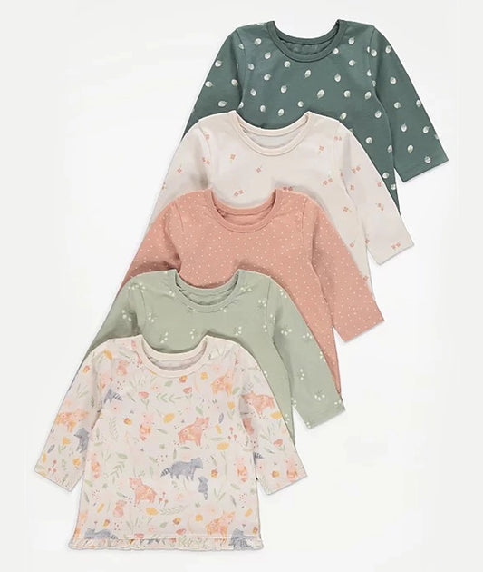 Cream Printed Long Sleeve Jersey Tops 5 Pack