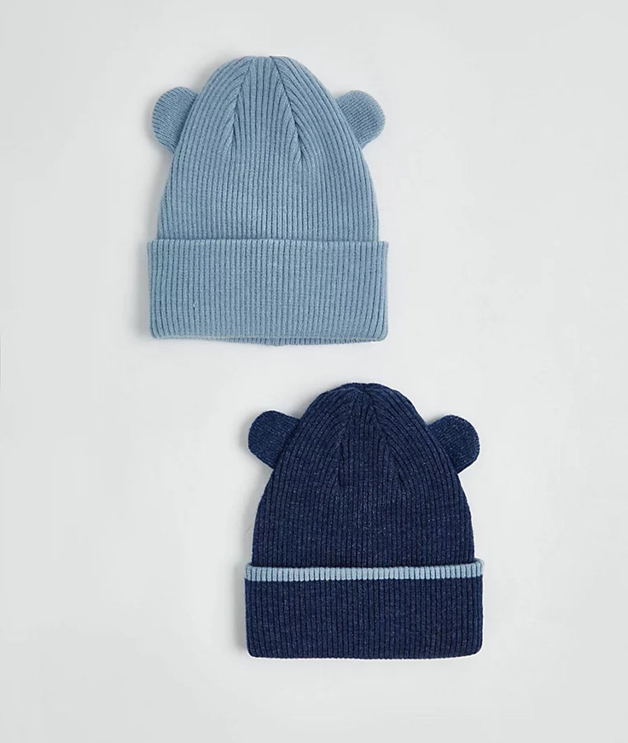 Blue 3D Ear Knitted Beanie Hats 2 Pack