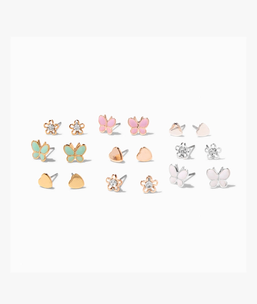 Mixed Metal Butterfly & Flower Stud Earrings - 9 Pack