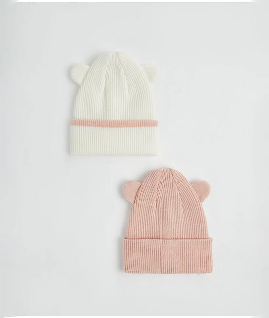 Pink 3D Ear Knitted Beanie Hats 2 Pack