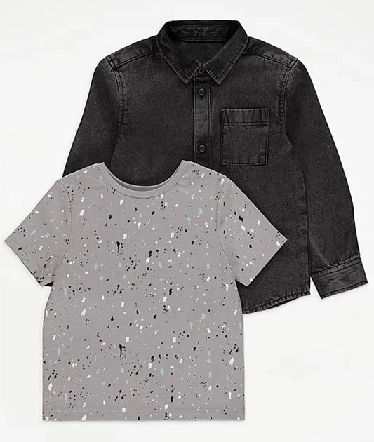 Grey Splatter Print T-Shirt and Denim Shirt