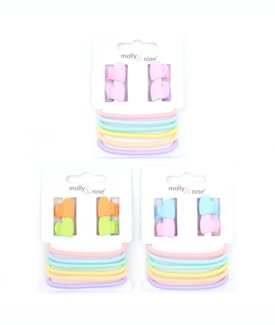 Pastel heart mini clamps &amp; elastics set (4 mini clamps on a card with 6 elastics)