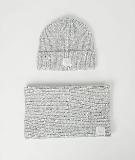 Grey Rib Knit Beanie Hat and Snood, one size