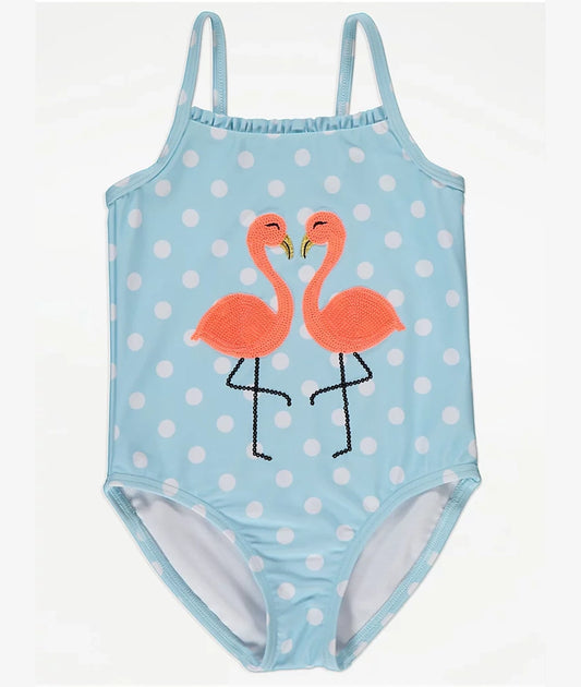 Blue Polka Dot Sequin Flamingo Swimsuit