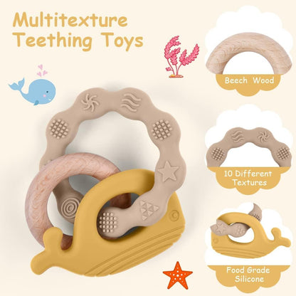 Vicloon Teething Toys for Baby, Silicone and Wood Teether