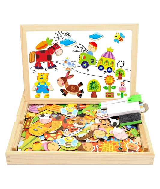 Wooden Magnetic Puzzle Jigsaw, Farm Animals Boards for Children, Double