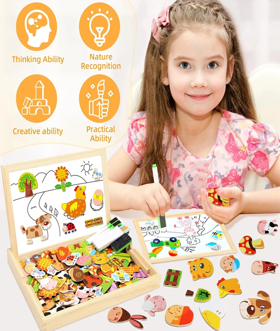 Wooden Magnetic Puzzle Jigsaw, Farm Animals Boards for Children, Double – Image 2