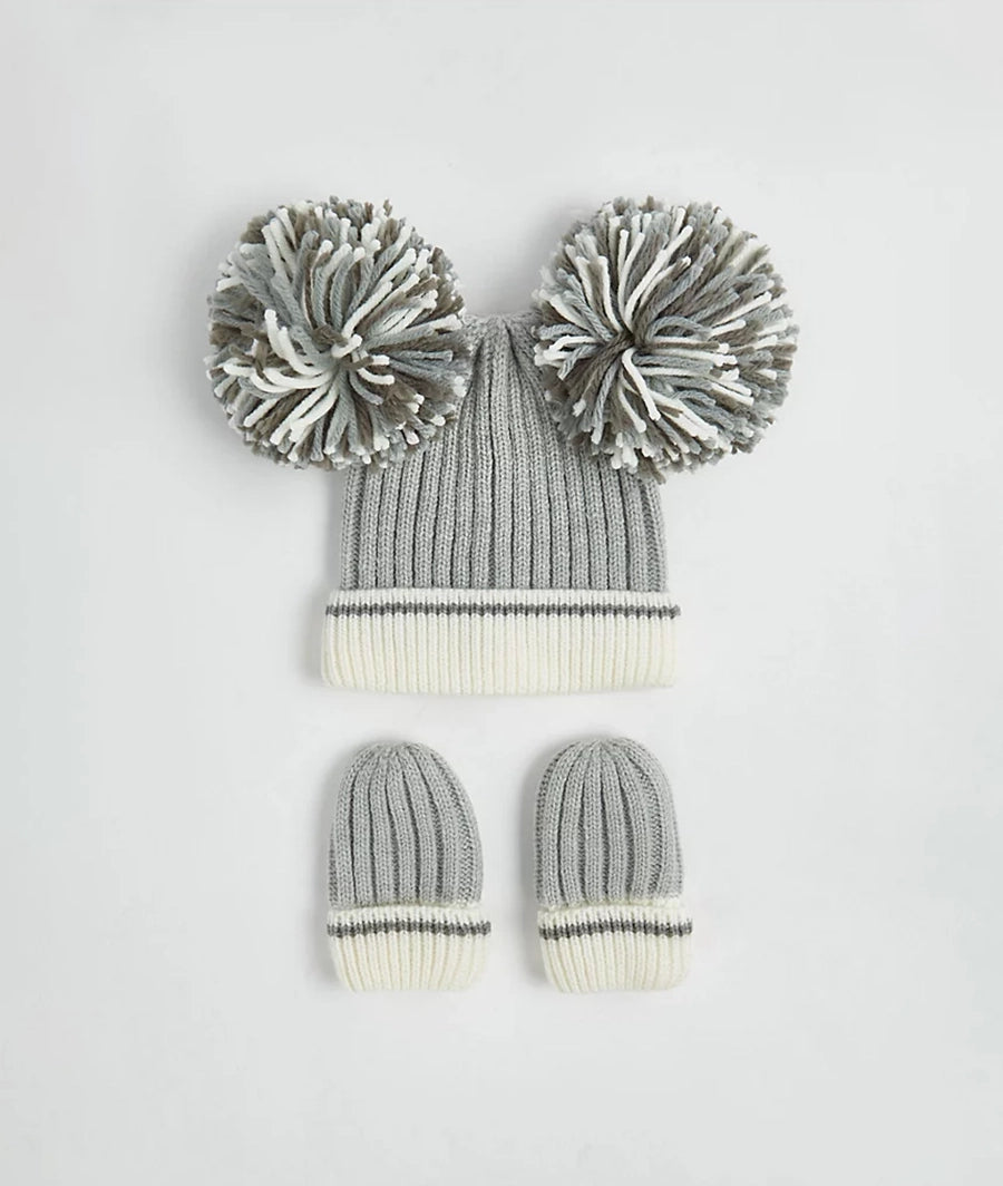 Grey Double Pom Pom Knitted Hat and Mittens Set