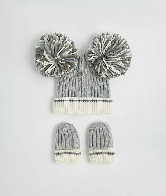 Grey Double Pom Pom Knitted Hat and Mittens Set