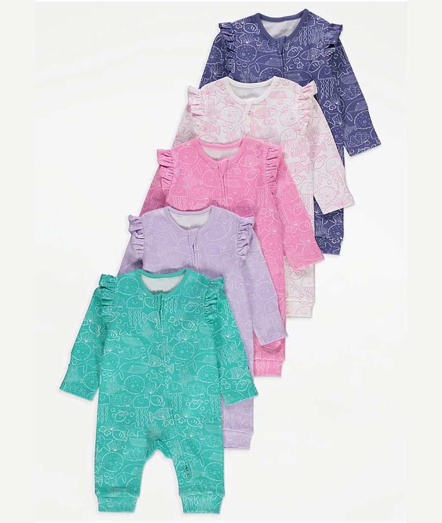 Under The Sea Frill Shoulder Footless 2 Way Zip Sleepsuits 5 Pack