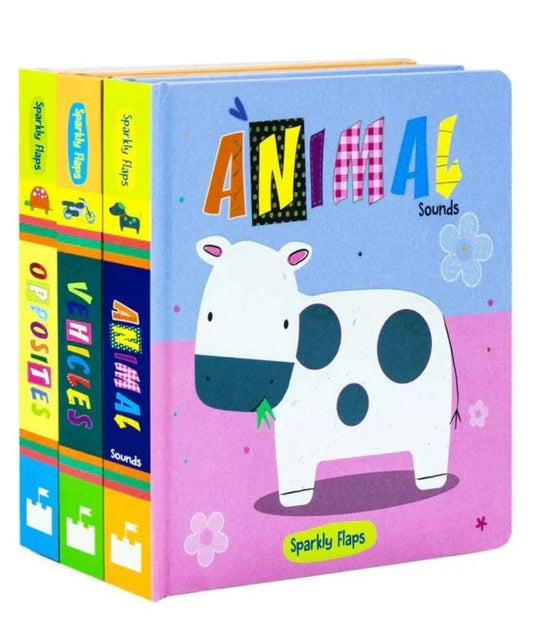 Sparkly Lift the Flaps 3 Board Books Set (Opposites, Vehicles, Animal Sounds)