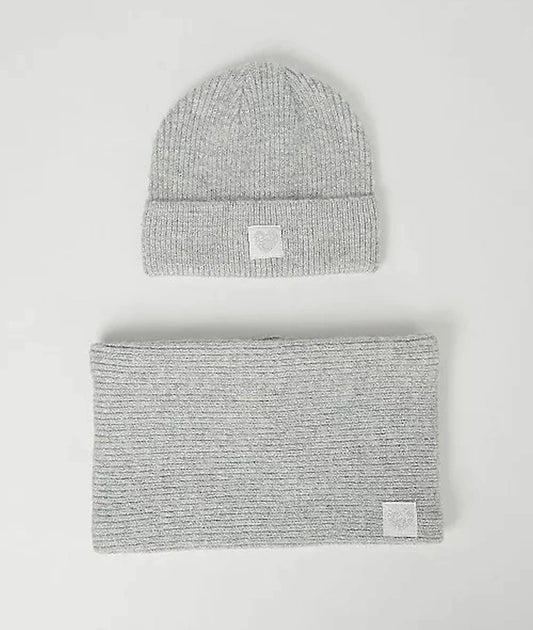 Grey Rib Knit Beanie Hat and Snood, one size