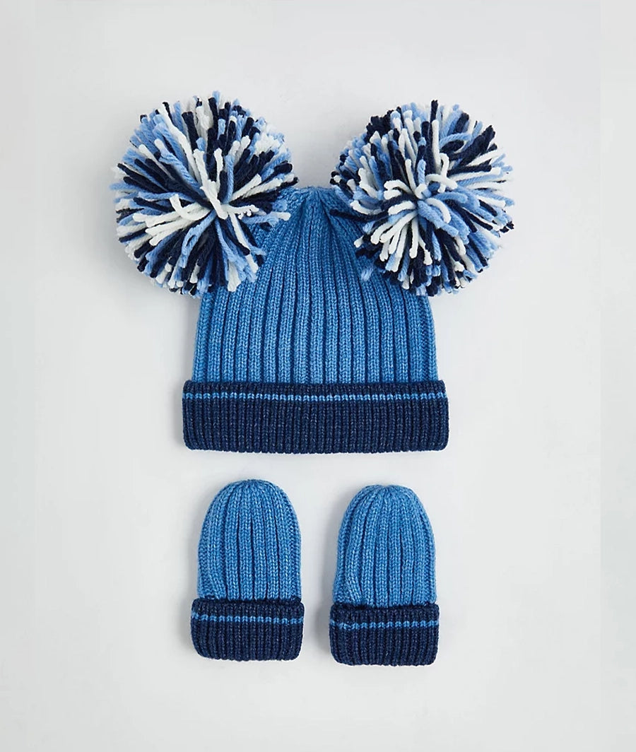 Blue Double Pom Pom Knitted Hat and Mittens Set