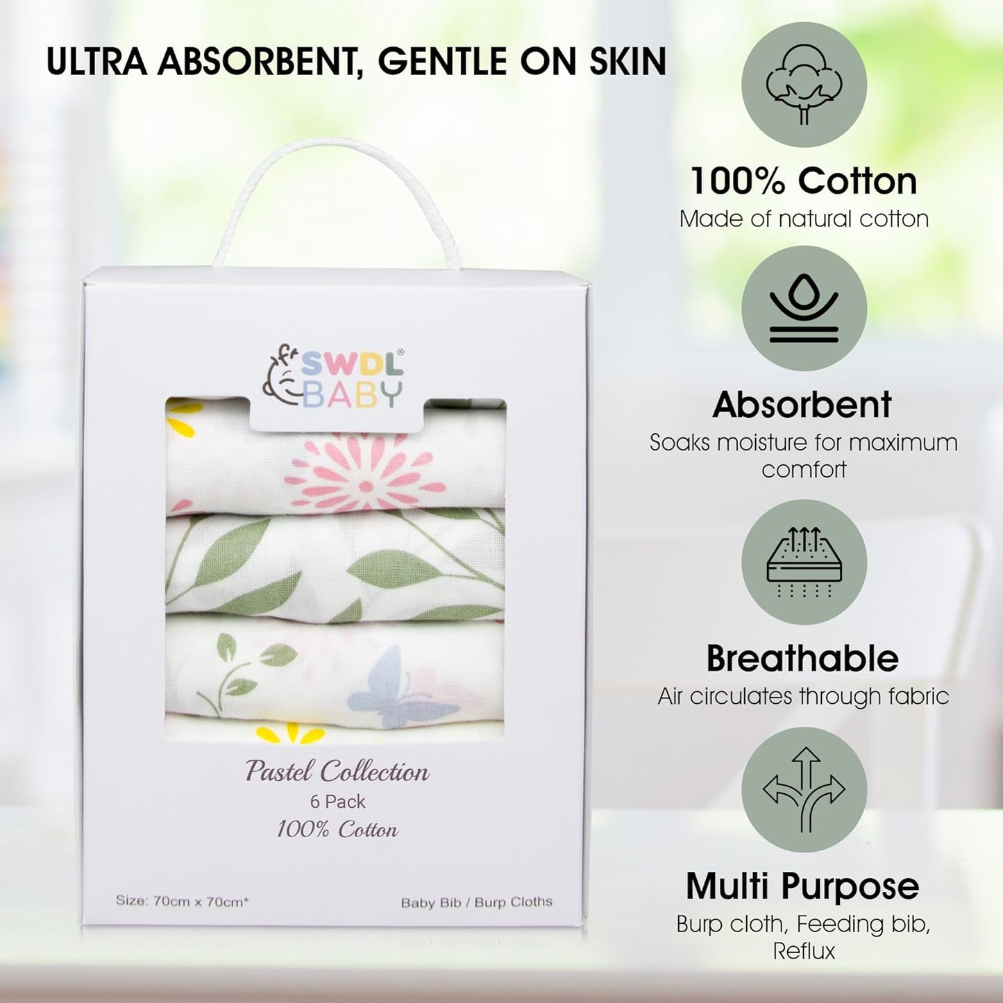 Large Baby Muslin Cloths - 100% Cotton Muslin Squares (Pack of 6, 70 x 70 cm) – Image 3
