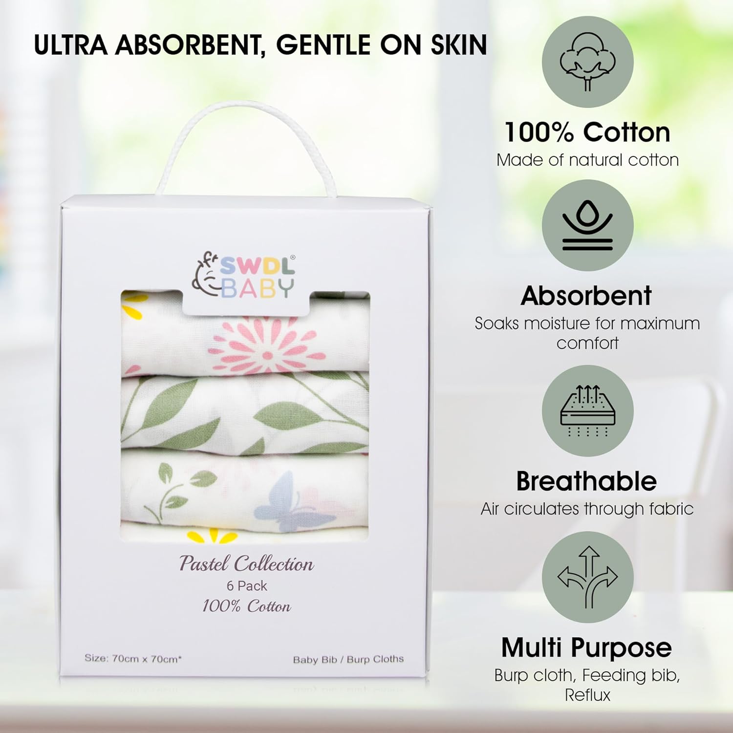 Large Baby Muslin Cloths - 100% Cotton Muslin Squares (Pack of 6, 70 x 70 cm) – Image 3
