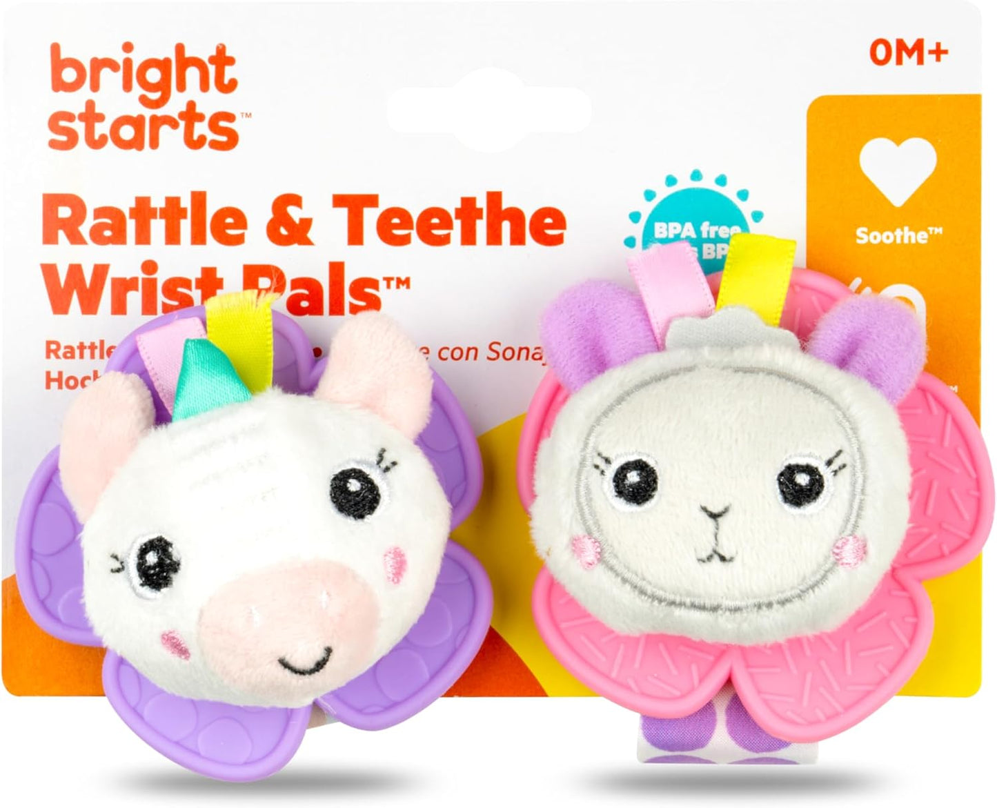 Bright Starts Rattle & Teethe BPA-Free Wrist Pals Baby Toy, Unicorn & Llama, Age Newborn+