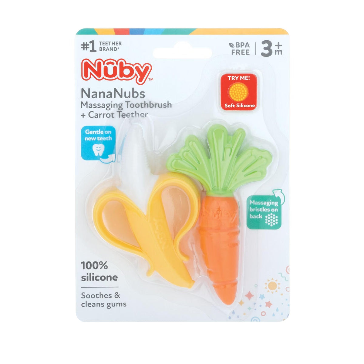 Nuby NanaNubs Banana Massaging Toothbrush and Silicone Carrot Teether 3+months