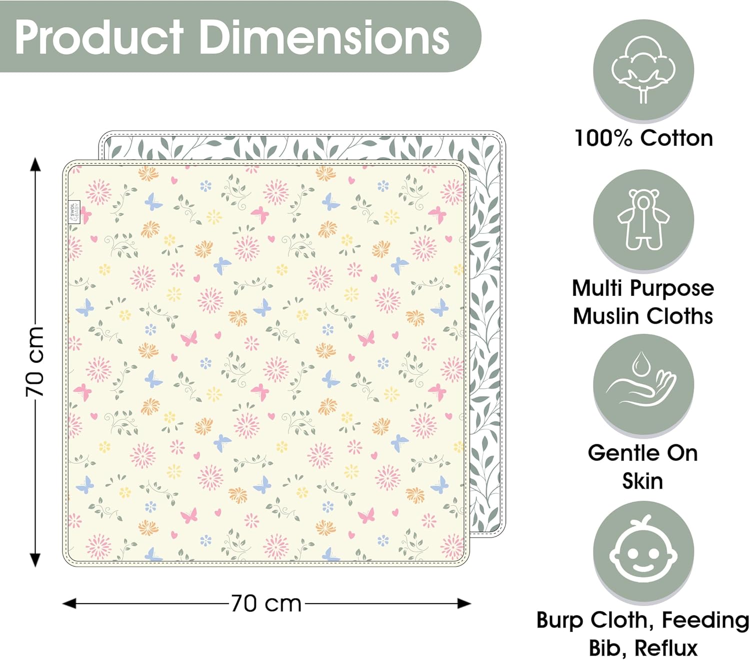 Large Baby Muslin Cloths - 100% Cotton Muslin Squares (Pack of 6, 70 x 70 cm) – Image 6