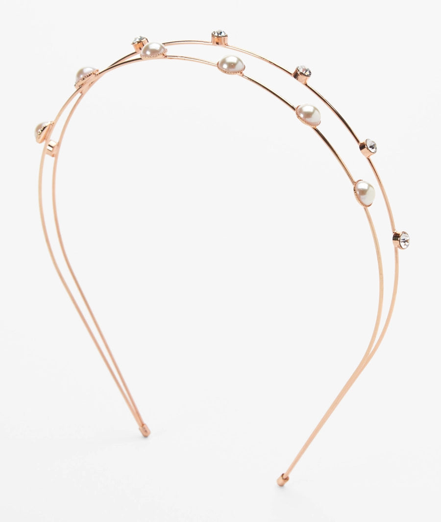 Pearl &amp; Crystal Gold Double Row Headband